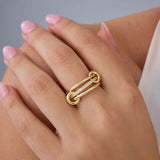 Sterling silver double band ring with pavé crystal bar