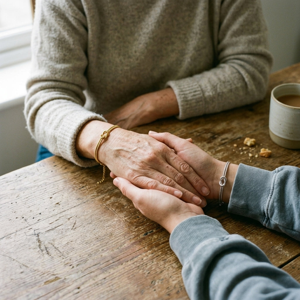 Older and younger hands clasped on a wooden table, wearing gold and silver Love Knot Bracelets