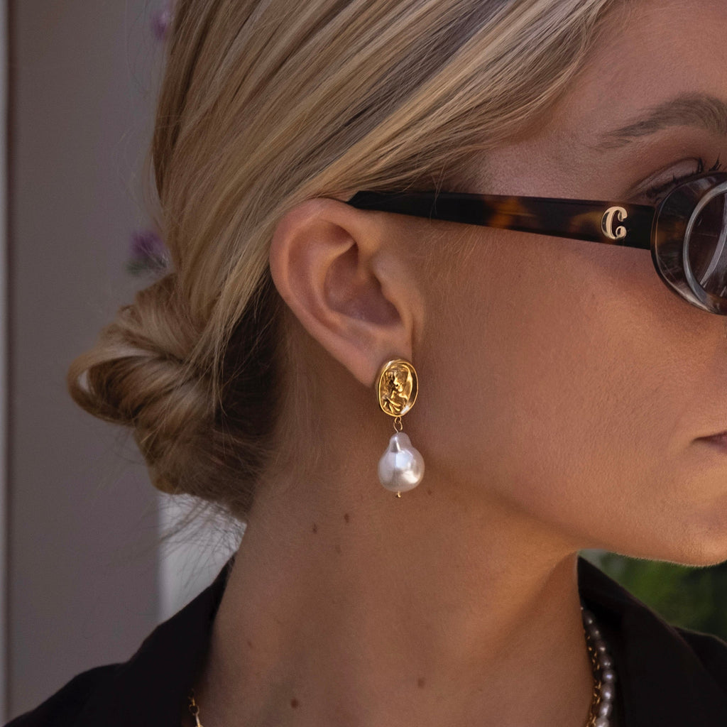 Women’s Medallion Drop Earrings with Baroque Pearls – Vintage Cameo Design-Earrings-Admires Jewellery-Admires Jewellery