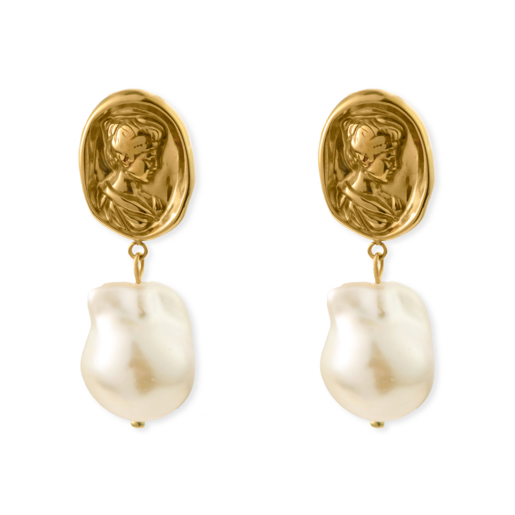 Women’s Medallion Drop Earrings with Baroque Pearls – Vintage Cameo Design-Earrings-Admires Jewellery-Gold-Admires Jewellery