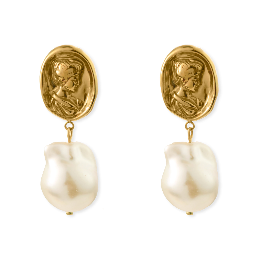 Women’s Medallion Drop Earrings with Baroque Pearls – Vintage Cameo Design-Earrings-Admires Jewellery-Gold-Admires Jewellery