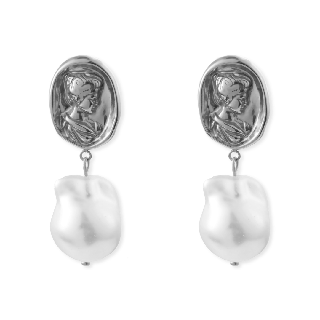 Women’s Medallion Drop Earrings with Baroque Pearls – Vintage Cameo Design-Earrings-Admires Jewellery-Silver-Admires Jewellery
