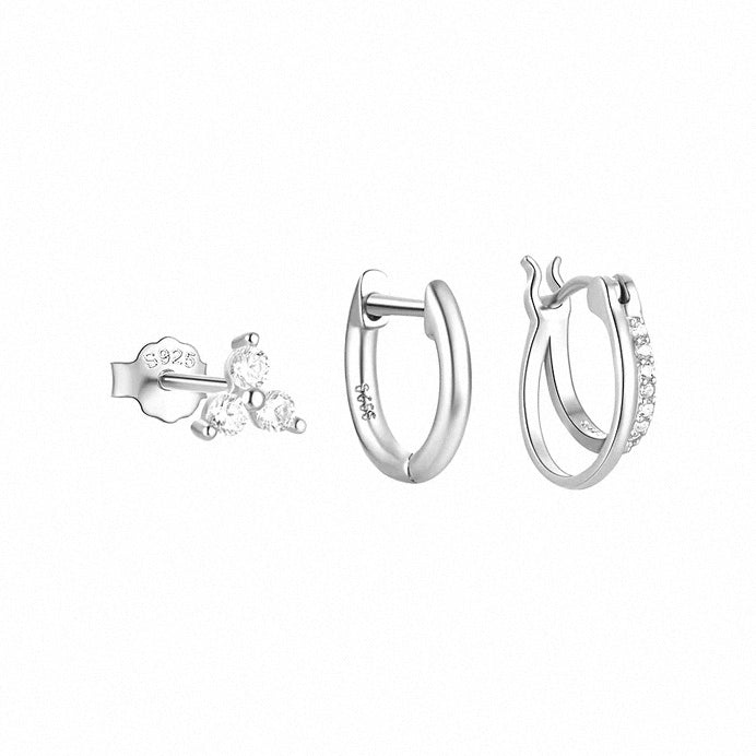 three piece silver earring set with hoops and stud