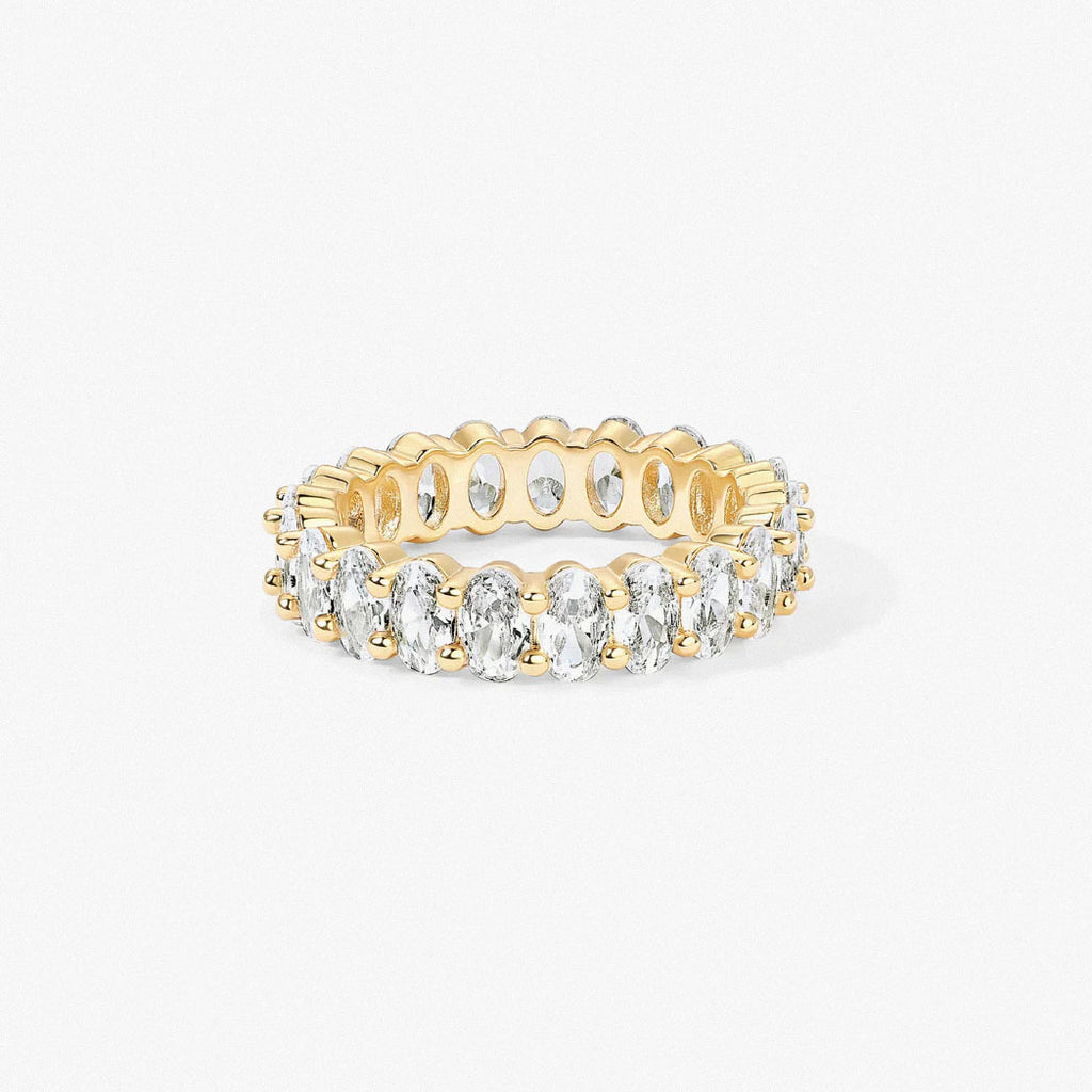 studio photo of gold-plated oval zirconia eternity ring