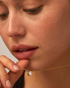 Front view of woman wearing gold solitaire CZ necklace