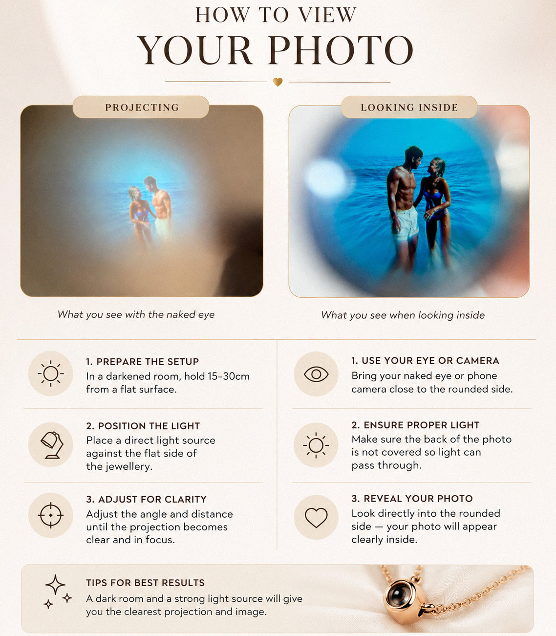 An infographic titled 'HOW TO VIEW YOUR PHOTO' explains the difference between projecting a photo and looking inside a jeweler's magnifier or camera. It features two side-by-side panels with illustrations and text instructions, set against a warm beige background with a gold chain at the bottom.