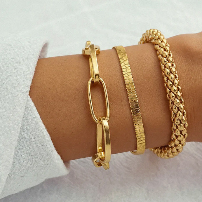 Close-up of gold mixed-chain bracelet set for women