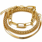 Gold layered bracelet set with paperclip, rope and snake chain design