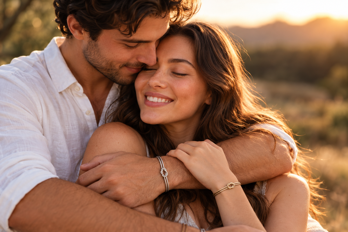 Couple embracing at golden hour, wearing matching silver and gold Love Knot Bracelets