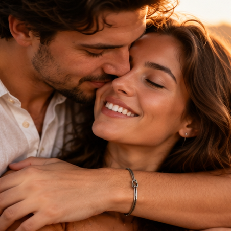 Couple embracing in warm light, both wearing Love Knot Bracelets