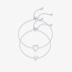 Silver adjustable heart duo bracelet set with hollow and solid heart charms