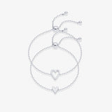 Silver adjustable heart duo bracelet set with hollow and solid heart charms