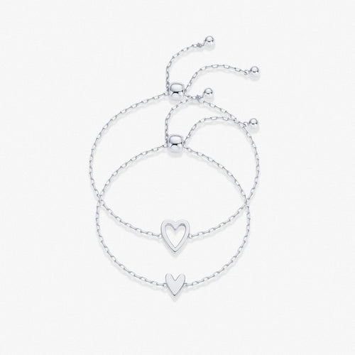 Silver adjustable heart duo bracelet set with hollow and solid heart charms