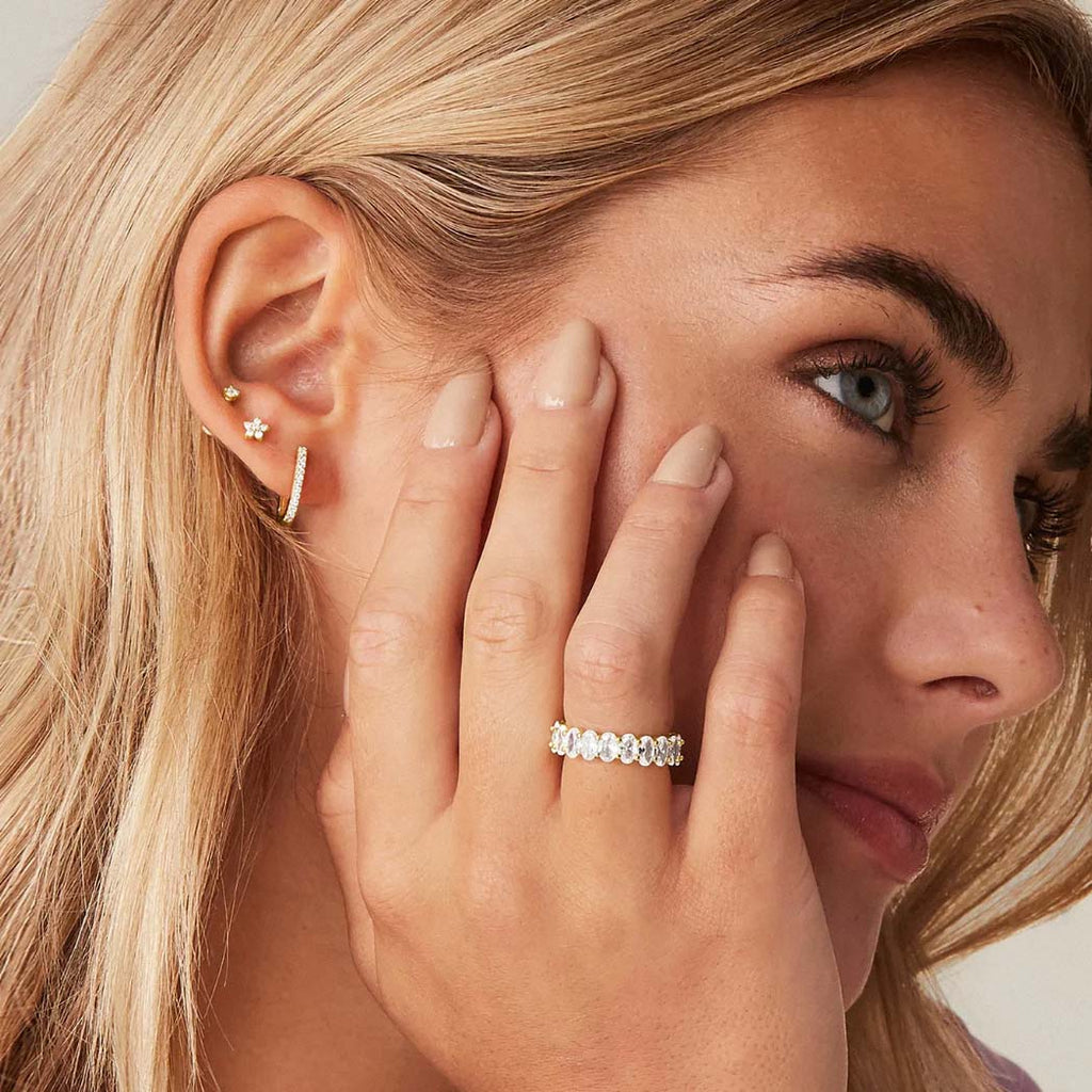 Close-up of model wearing gold-plated oval zirconia eternity ring