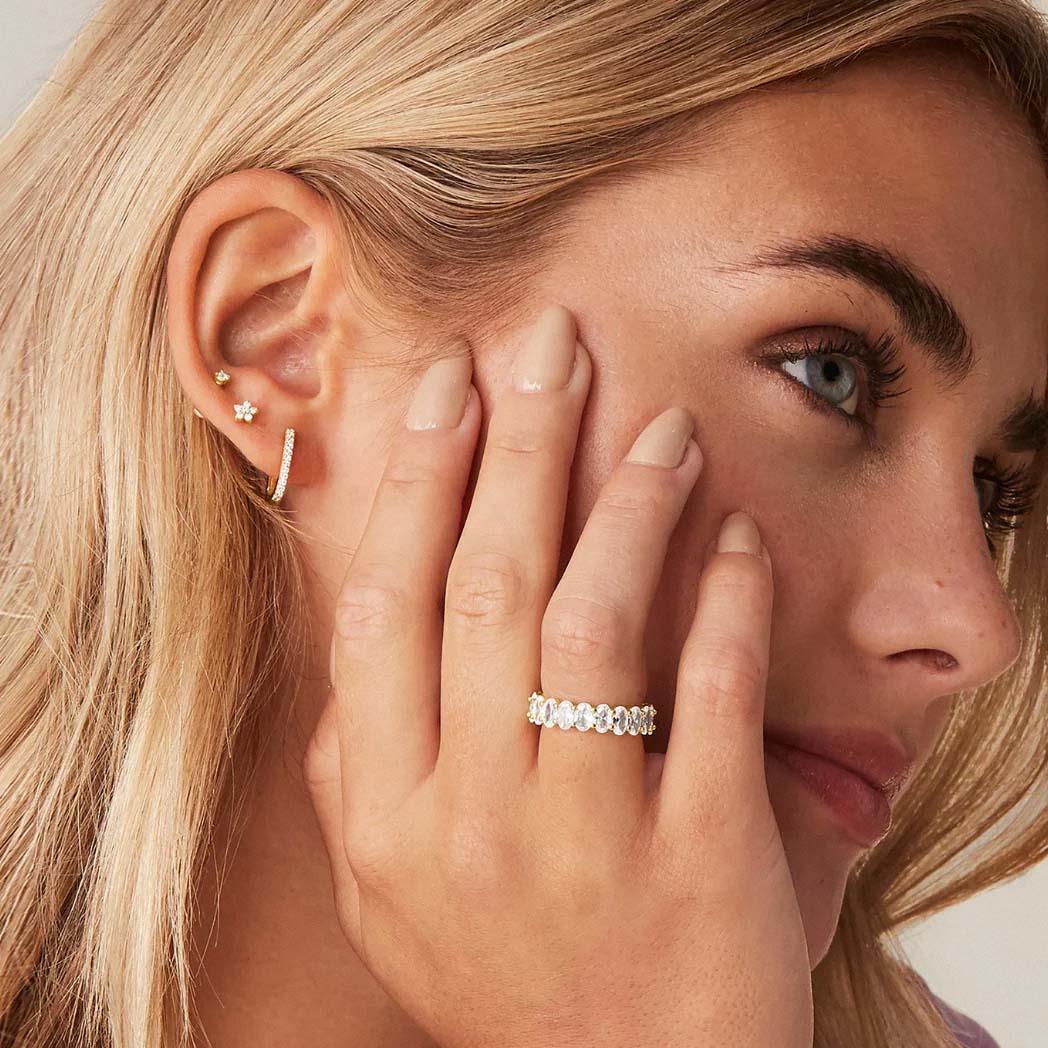 Close-up of model wearing gold-plated oval zirconia eternity ring
