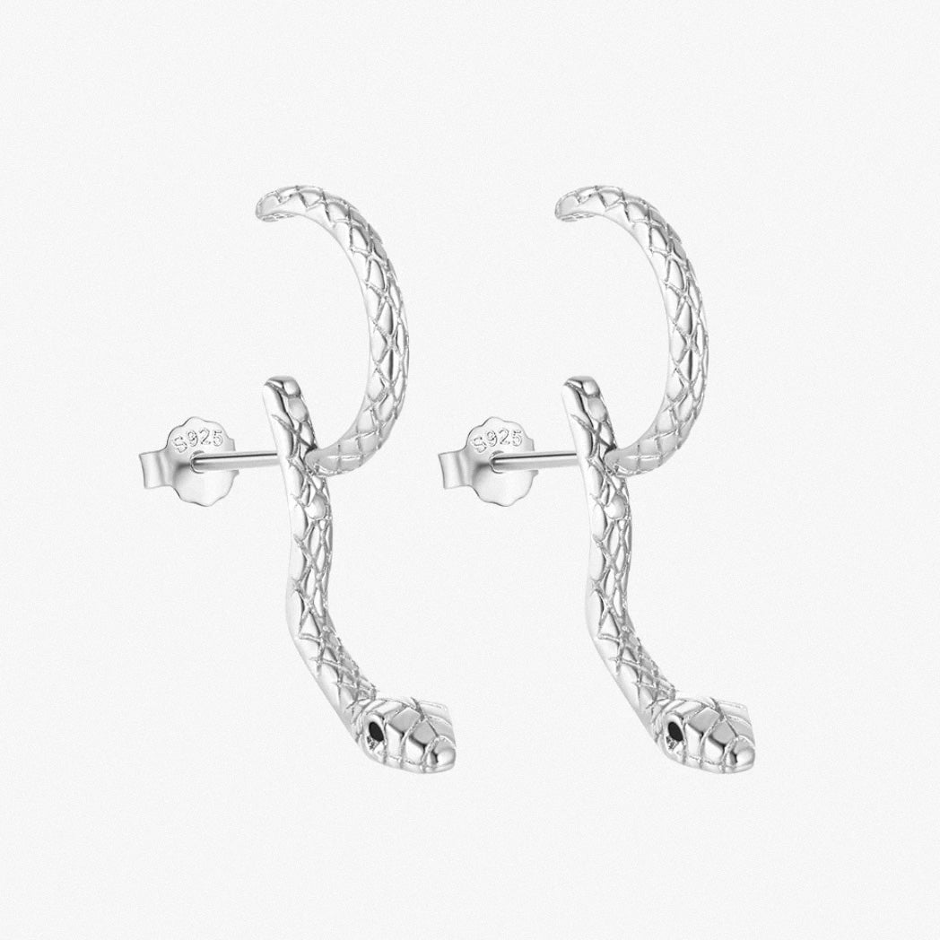 Silver snake hoop earrings on white background